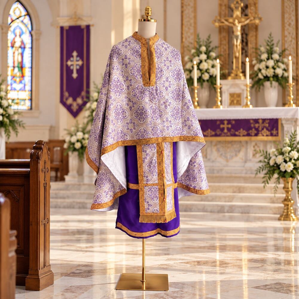 Orthodox Byzantine Liturgical Vestment Ensemble Purple Gold Brocade 5 Piece